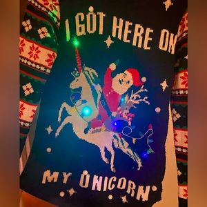 I Got Here On My Unicorn ugly Christmas sweater Santa’s reindeer light up shirt